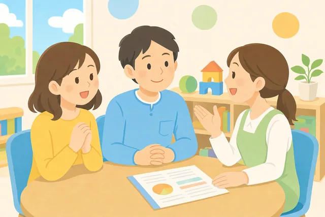 先生から子育てのアドバイスを受ける保護者のイラスト