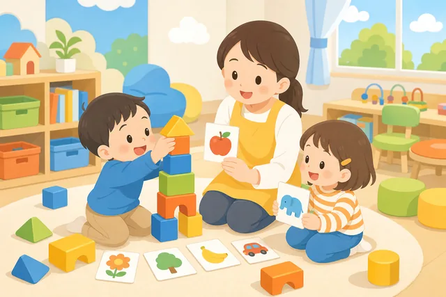 積み木と絵カードで先生と遊びながら学ぶ幼児のイラスト