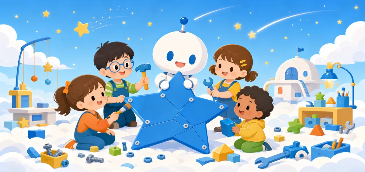星の工房で、ロボットのマスコットと子どもたちが大きな星を一緒に組み立てているイラスト
