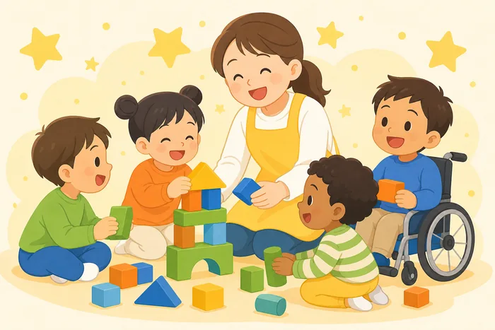 子どもたちとブロック遊びをする先生のイラスト