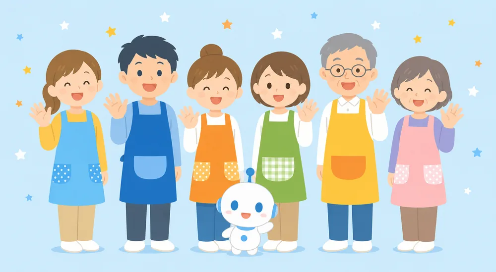 笑顔で手を振るアステリつくーるのスタッフたちのイラスト